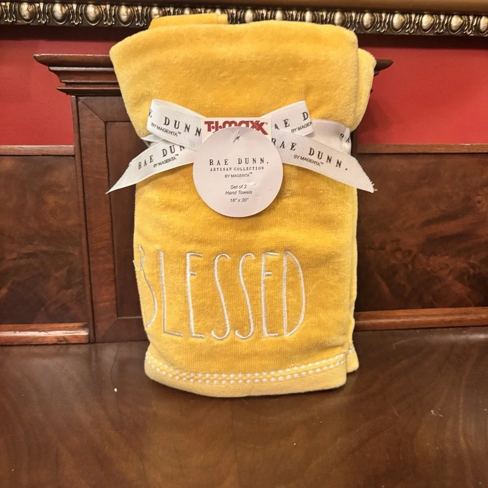 Rae Dunn Blessed Hand Towels Set of 2 Yellow 16x30 Embroidered NWT